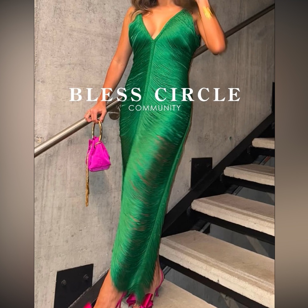 BLESS Emerald Green artisanal Maxi Dress FRINGE